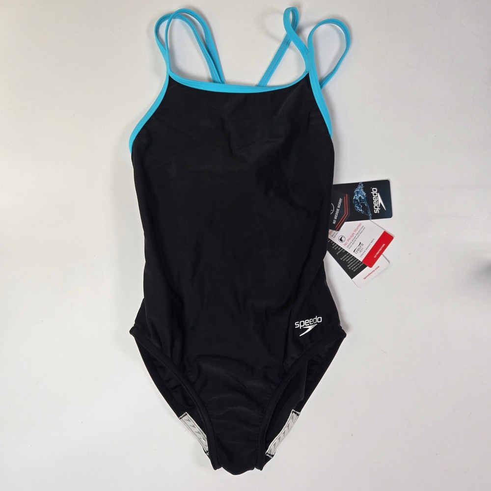 Speedo One Piece Swimsuit Girls 8 Black Azure Aqua Crisscross  Racerback NEW